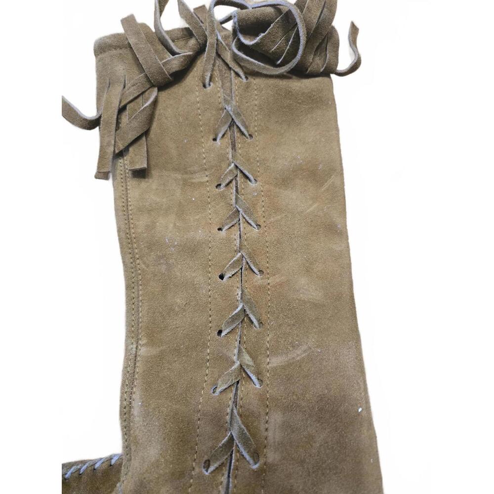 Vintage Brown Suede Moccasin Boots with Fringe and Lace-Up Detail - Picture 2 of 5
